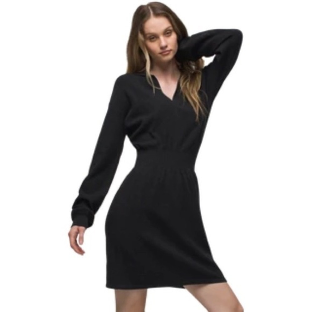 Prana New Small Milani Sweater Dress Black V Neck Collared Cotton Wool Blend